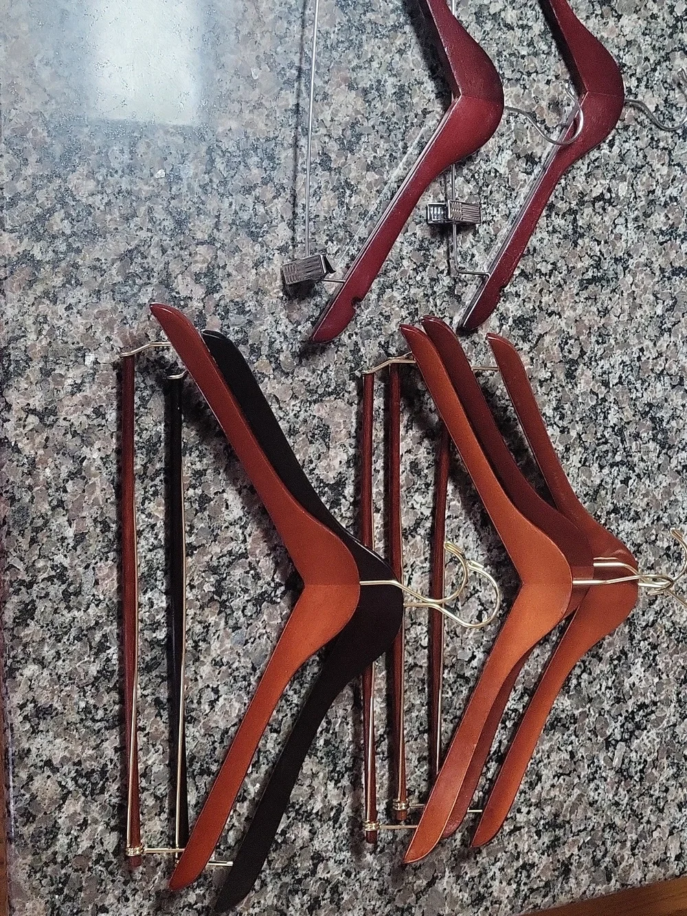 Lot of 7 Wooden Clothing Hangers in Warm Brown & Dark Mahogany 5 blouses 2 pants
